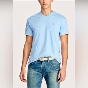 Polo Ralph Lauren Men’s Light Blue Small V-Neck T-Shirt Cotton Yellow Pony Logo
